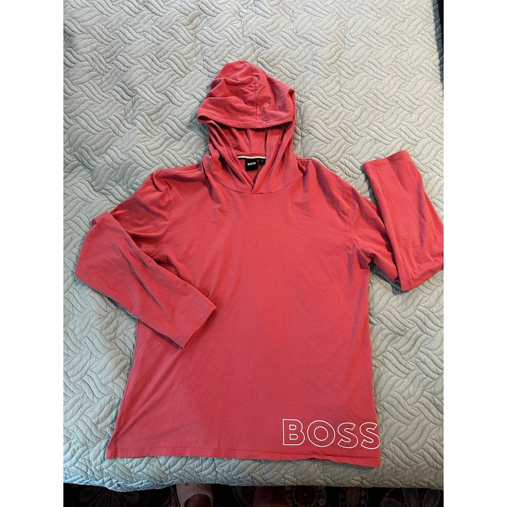 Hugo Boss Womens Logo Lightweight Hoodie Coral Pink Long Sleeve Pullover Medium